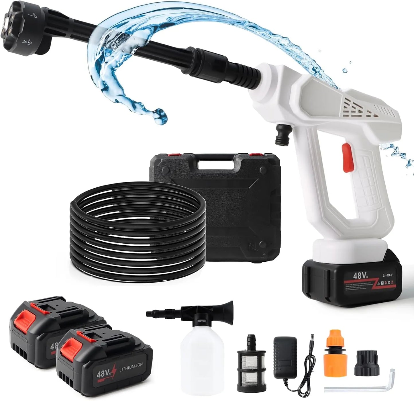 Idropulitrice Cordless 48V con 2 Batterie, Ugello 6 in 1 e Schiumogeno – Pistola ad Alta Pressione Portatile per Auto, Moto, Giardino, Tapparelle e Balconi