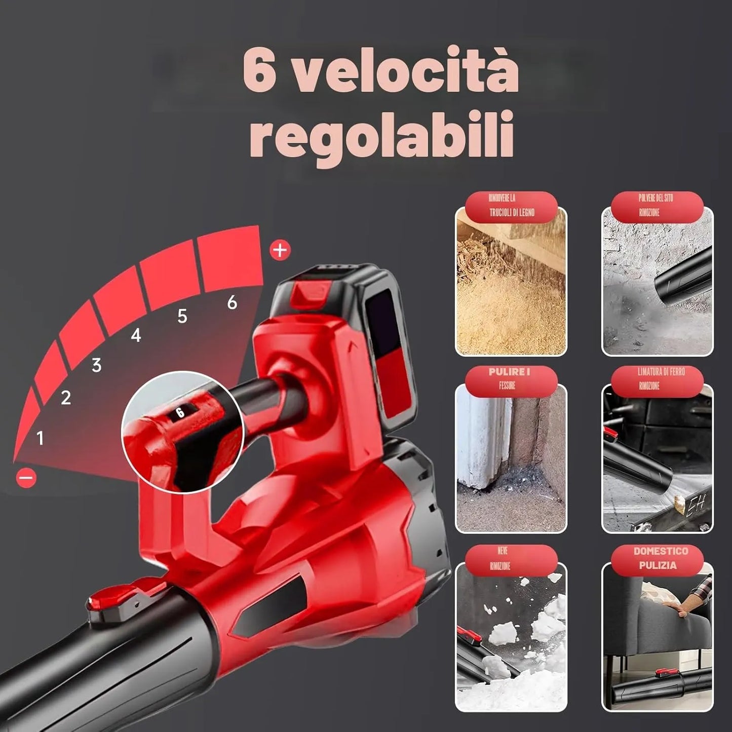 Soffiatore a Batteria 21V Senza Fili – 6 Velocità con Doppia Batteria e Caricabatterie