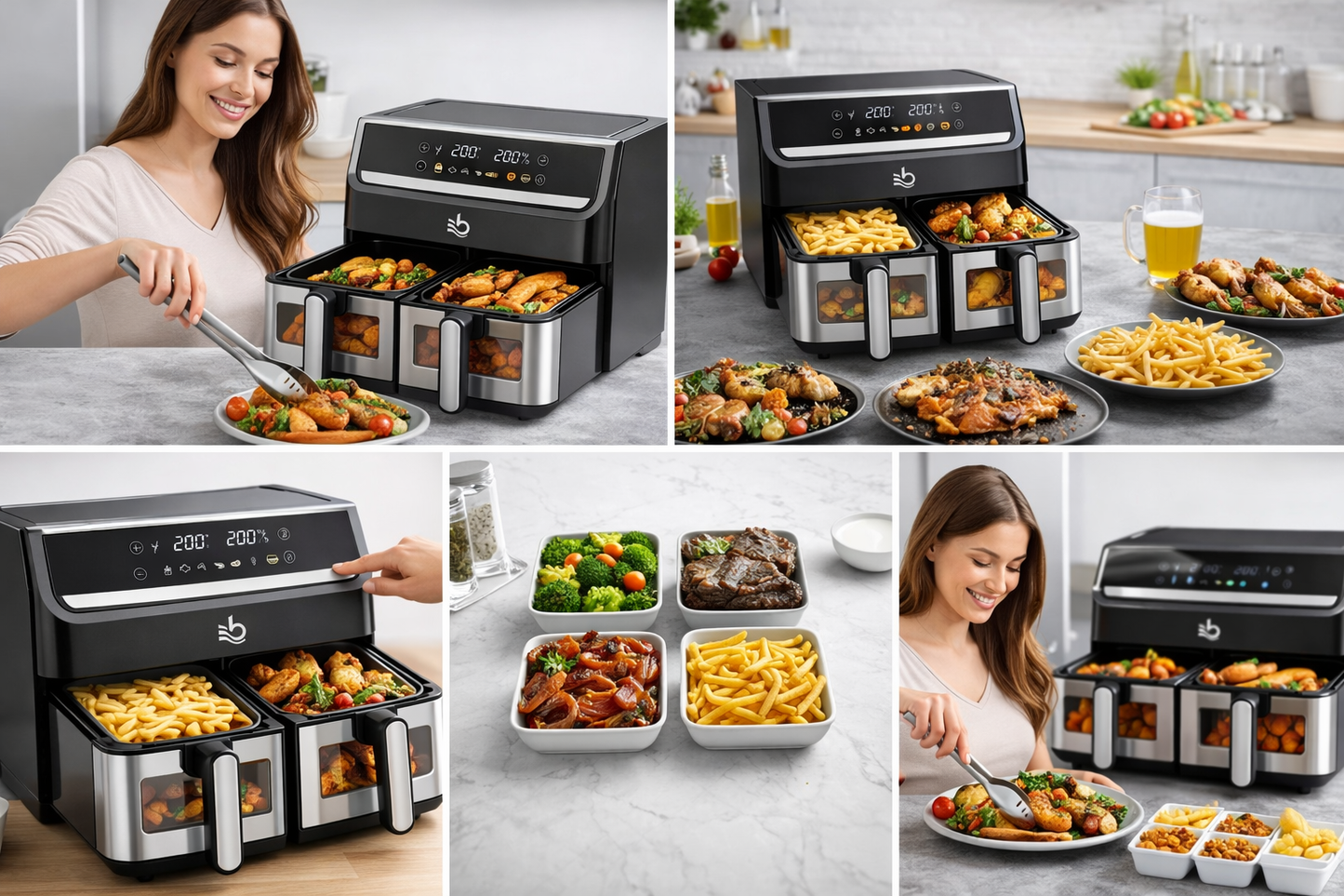Friggitrice ad Aria 2000W Doppio Cestello 15L (7,5L + 7,5L) – Air Fryer XXXL a Doppia Zona con Controllo Indipendente
