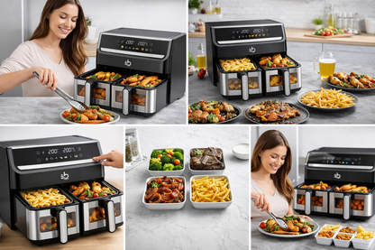 Friggitrice ad Aria 2000W Doppio Cestello 15L (7,5L + 7,5L) – Air Fryer XXXL a Doppia Zona con Controllo Indipendente