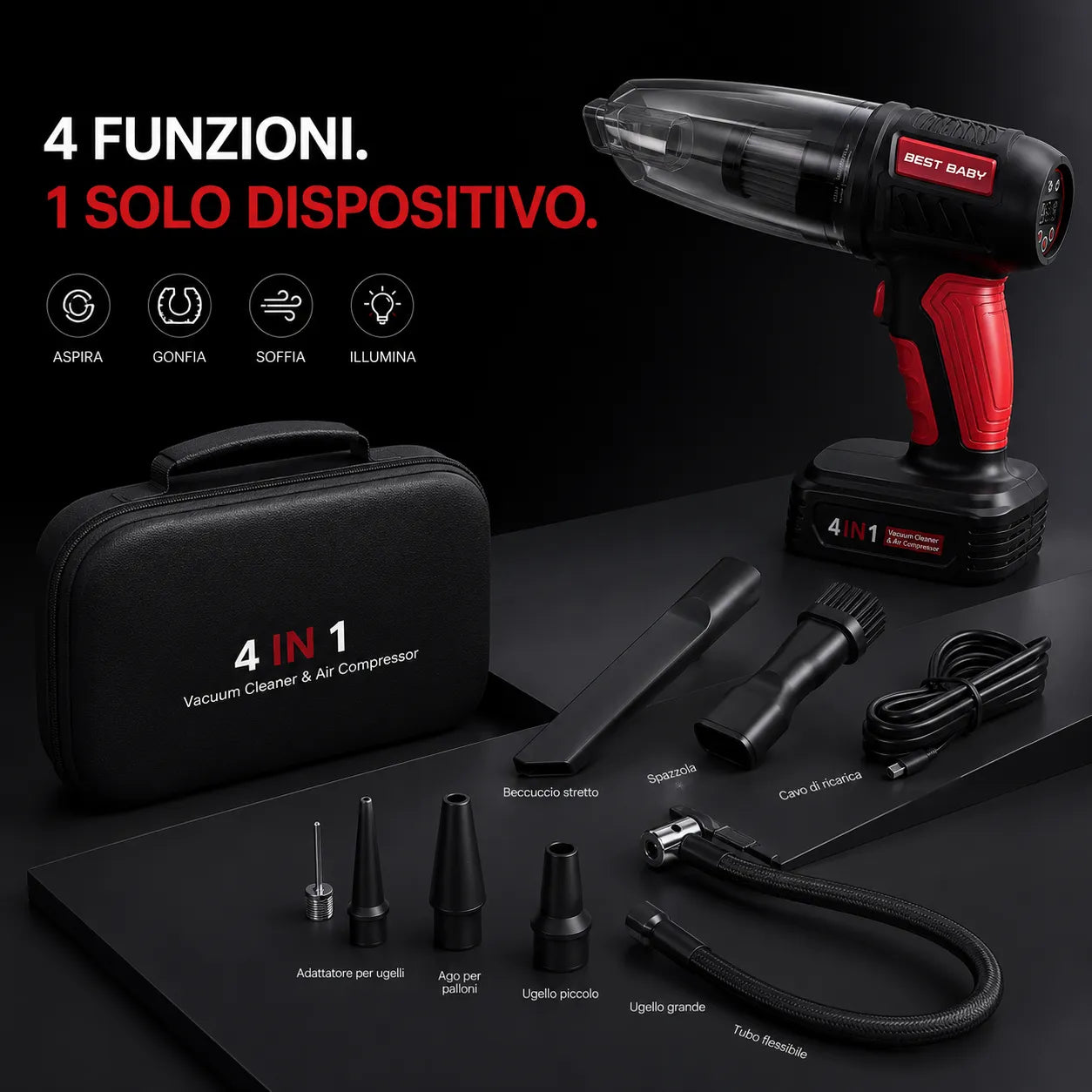Aspirapolvere portatile auto 4 in 1 compressore gonfiatore soffiatore torcia LED wireless