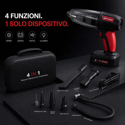 Aspirapolvere portatile auto 4 in 1 compressore gonfiatore soffiatore torcia LED wireless