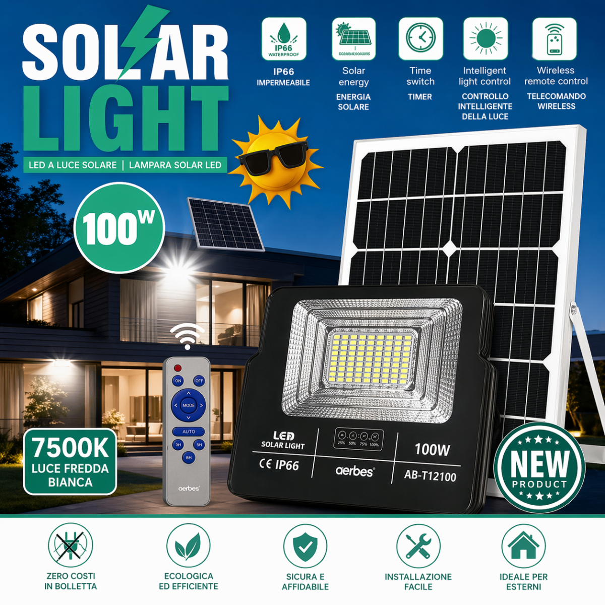 Faro LED Solare 100W con Pannello | IP66 Impermeabile | Telecomando Wireless | Luce Fredda 7500K per Esterni