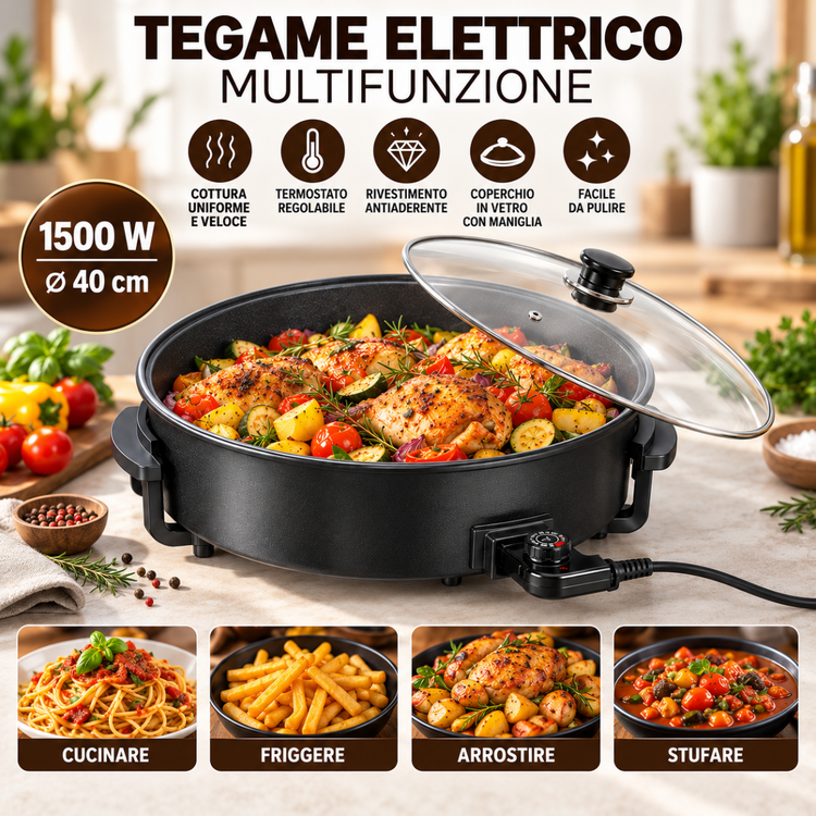 Tegame Elettrico Multifunzione 1500W Ø 40 cm con Coperchio in Vetro, Termostato Regolabile, Padella Antiaderente per Cucinare, Friggere, Arrostire e Stufare