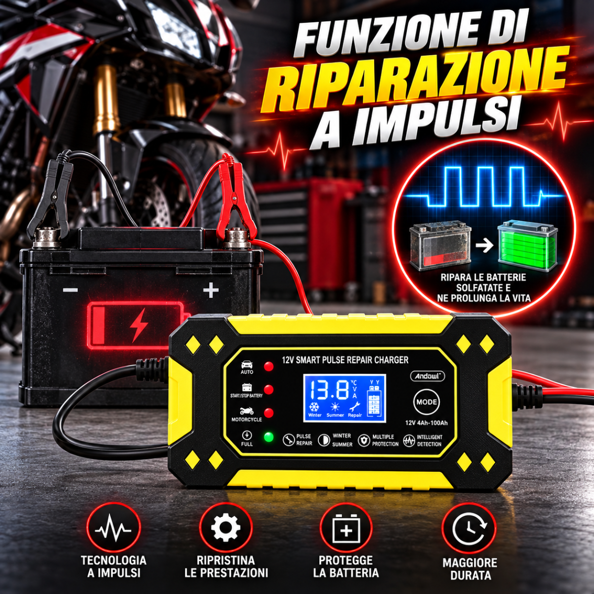 Caricabatterie Intelligente Auto e Moto 12V 6A con Display LCD, Riparazione a Impulsi, Protezione Automatica e Morsetti – Modello Q-DP1520