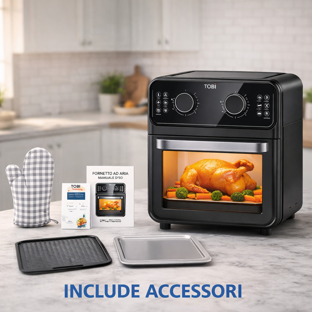 Forno ad Aria 16L TOBI 2400W– Friggitrice ad Aria Multifunzione con Controllo Temperatura, 10 Programmi, Accessori Inclusi
