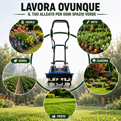 Motozappa Elettrica a Batteria Mukins NL-3579 88VF 550W con 2 Batterie al Litio, Coltivatore da Giardino Cordless, Larghezza Lavoro 30 cm, Profondità 20 cm, Manubrio Regolabile, 18000 giri/min