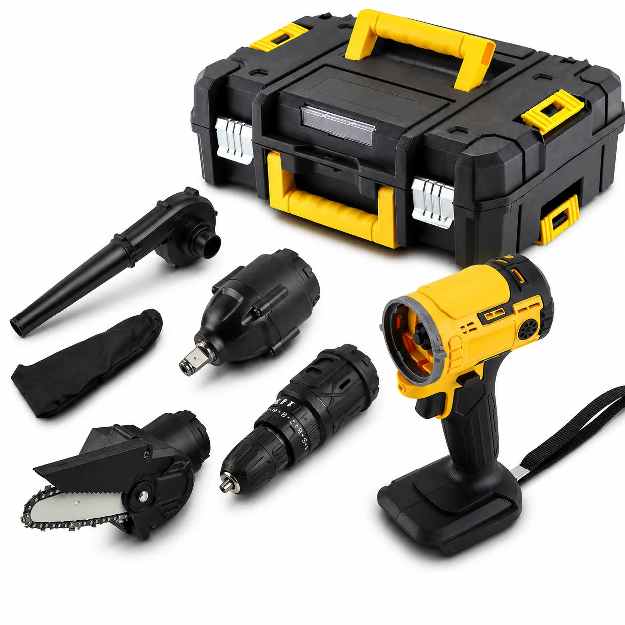 Kit Multifunzione a Batteria 5 in 1 con Valigetta – Trapano, Avvitatore ad Impulsi, Mini Motosega, Soffiatore e Cavo Flessibile