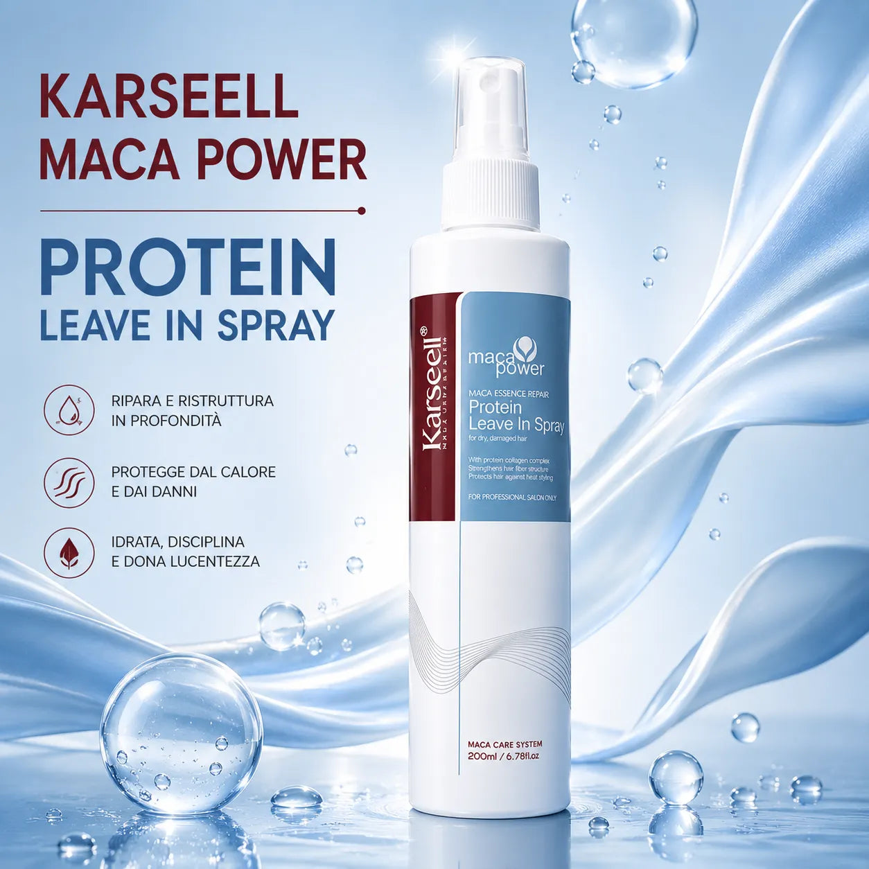 Karseell Maca Power Protein Leave In Spray 200ml – Trattamento Senza Risciacquo per Capelli Secchi e Danneggiati