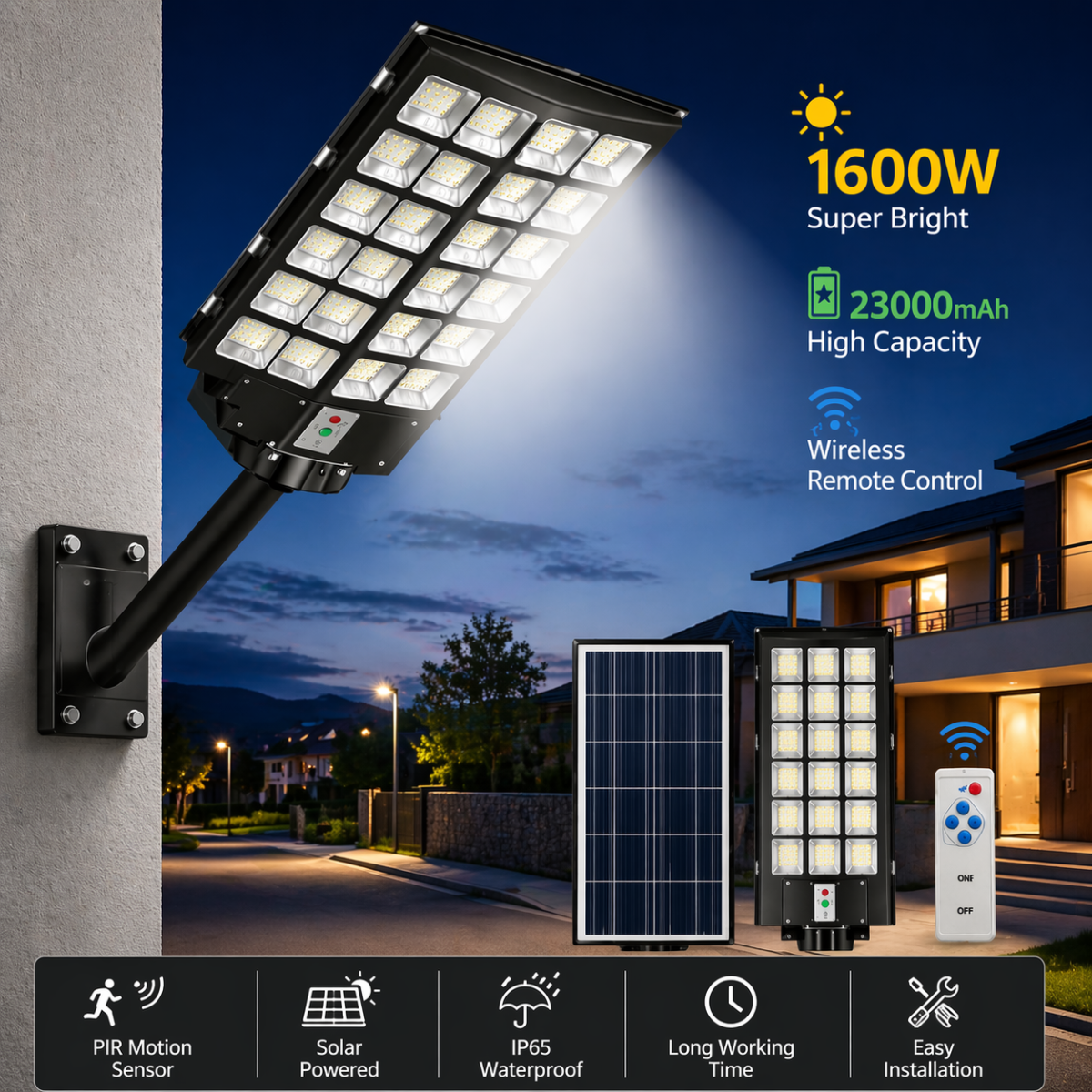 Lampione Solare LED 1600W con Telecomando – 23000mAh, Sensore Movimento, IP66 Impermeabile, Faro Stradale Esterno Alta Luminosità