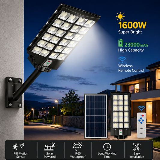 Lampione Solare LED 1600W con Telecomando – 23000mAh, Sensore Movimento, IP66 Impermeabile, Faro Stradale Esterno Alta Luminosità