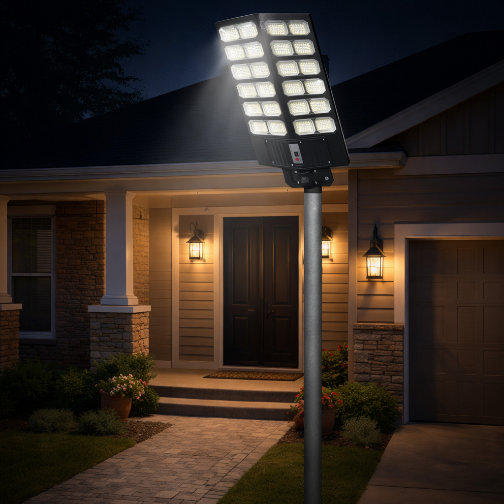 Lampione Solare LED 1600W con Telecomando – 23000mAh, Sensore Movimento, IP66 Impermeabile, Faro Stradale Esterno Alta Luminosità