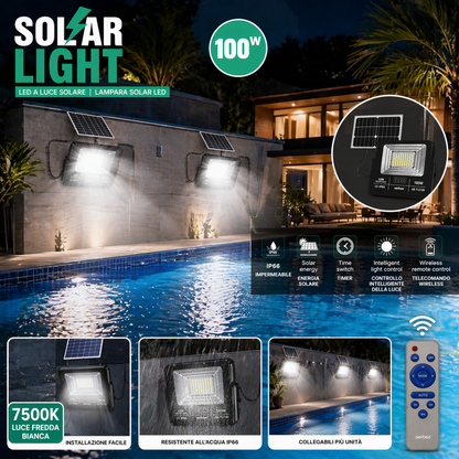 Faro LED Solare 100W con Pannello | IP66 Impermeabile | Telecomando Wireless | Luce Fredda 7500K per Esterni
