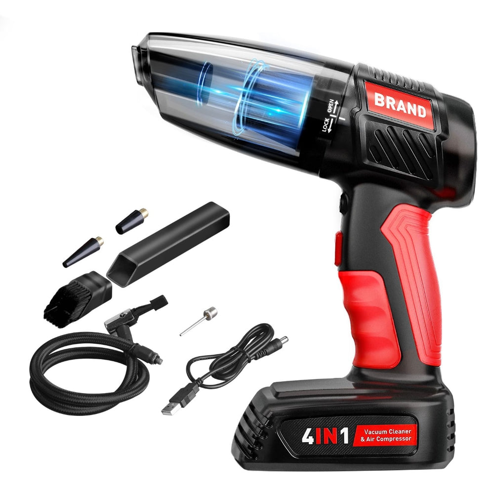 Aspirapolvere portatile auto 4 in 1 compressore gonfiatore soffiatore torcia LED wireless