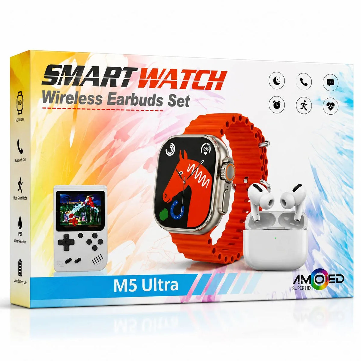 Kit 3 in 1 Smartwatch M5 Ultra + Auricolari Wireless TWS + Mini Console di Gioco Portatile