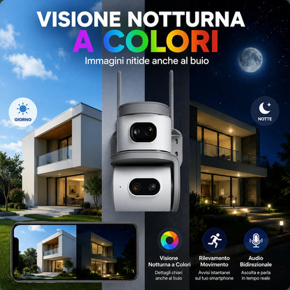 Telecamera WiFi Esterno 6MP Doppia Lente PTZ 355° Auto Tracking AI Visione Notturna a Colori Audio Bidirezionale IP67