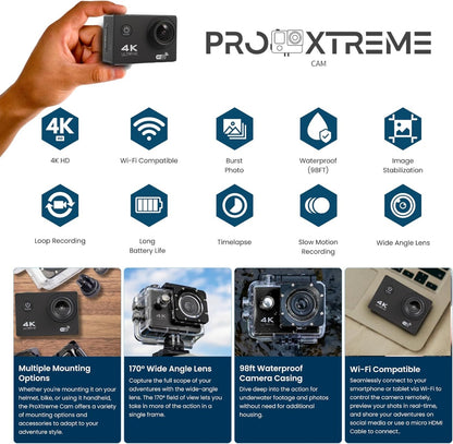 Action Camera 4K Ultra HD 16MP Impermeabile fino a 30m con Wi-Fi, Grandangolo 170°, Display LCD 2"