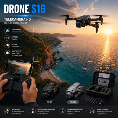 Drone S16 Pieghevole con Telecamera HD – Controllo Smartphone WiFi | Mini Drone 4K 1080p con Modalità Headless
