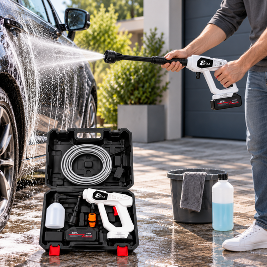 Idropulitrice Portatile Cordless 48V con Batteria Rimovibile – Pistola Lavaggio a Pressione con Tubo, Ugello Multifunzione, Serbatoio Detergente e Valigetta - Colori Assortiti