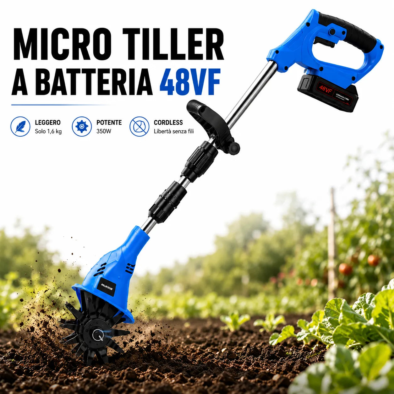 Micro Tiller a Batteria 48VF Mukins NL-3578 – Coltivatore Elettrico Cordless, Asta Regolabile e Pieghevole, 350W, 300 giri/min
