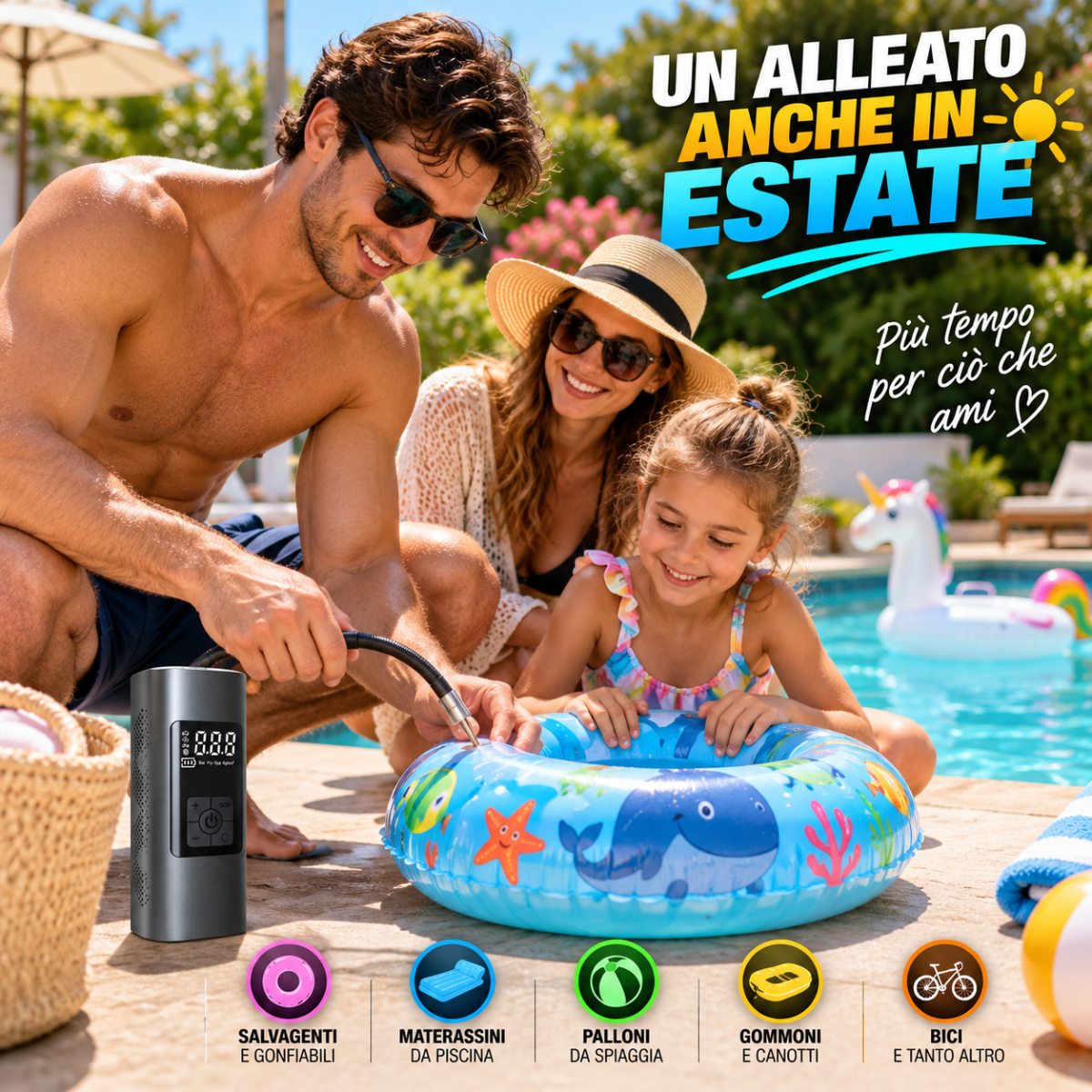 Mini Compressore Aria Portatile Elettrico Digitale con Display LCD, Gonfiatore per Pneumatici Auto, Moto, Bici e Palloni – Pompa con Batteria Ricaricabile, Funzione SOS e Accessori Inclusi