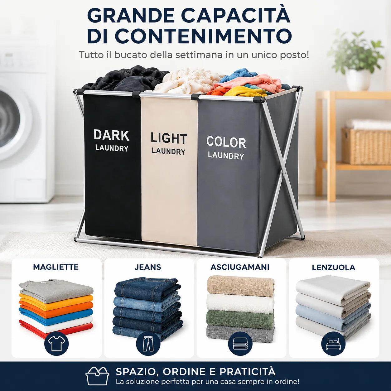 Cesto Portabiancheria 3 Scomparti Pieghevole con Telaio in Metallo – Porta Biancheria Salvaspazio per Bucato Scuri, Chiari e Colorati
