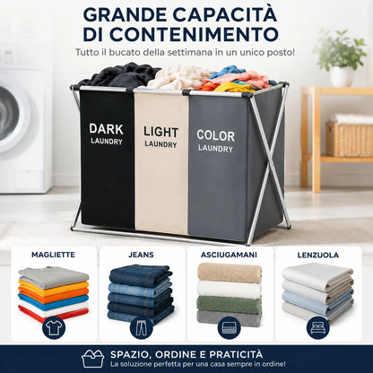 Cesto Portabiancheria 3 Scomparti Pieghevole con Telaio in Metallo – Porta Biancheria Salvaspazio per Bucato Scuri, Chiari e Colorati