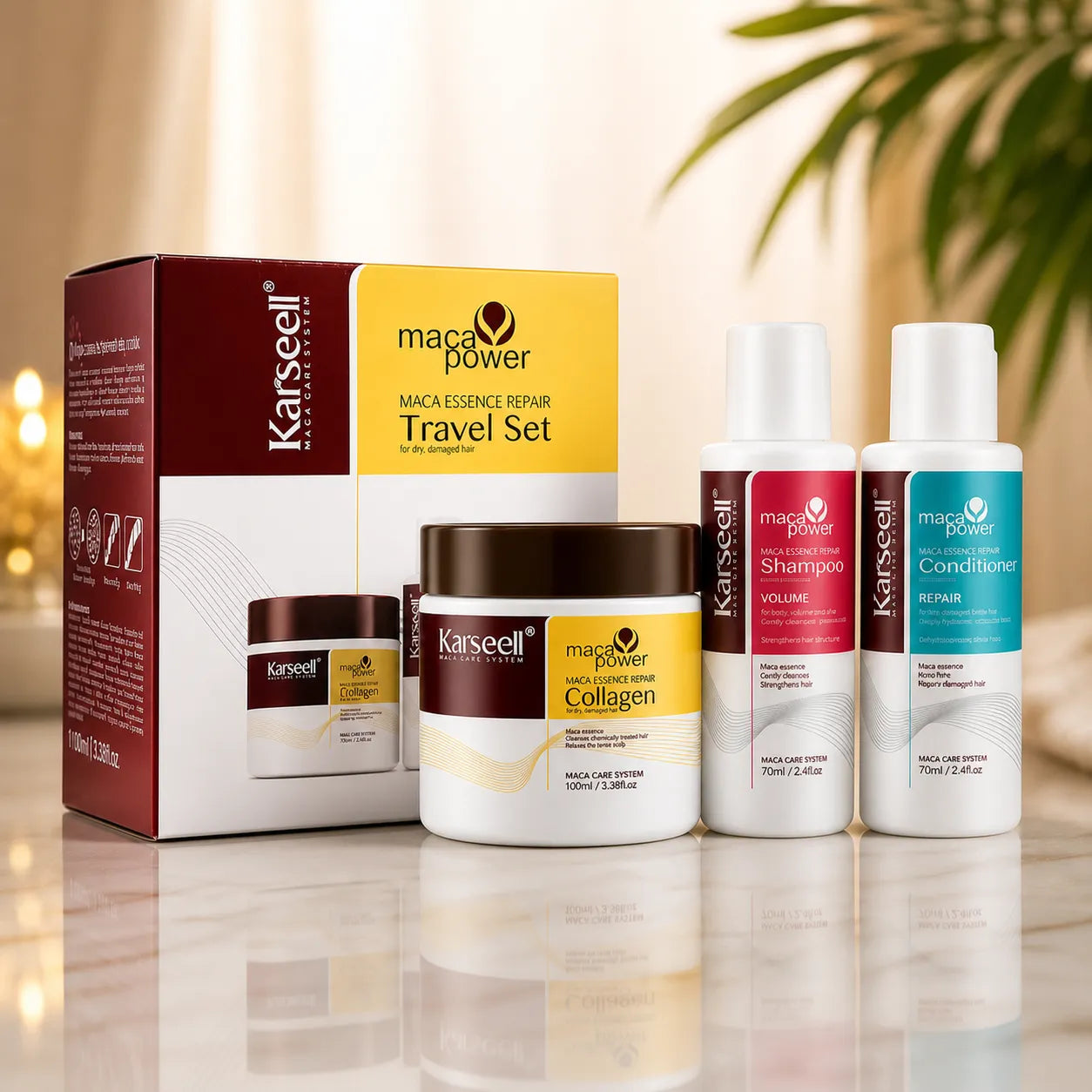 Karseell Maca Essence Repair Travel Set – Kit Capelli da Viaggio con Shampoo, Balsamo e Maschera al Collagene – Trattamento Nutriente per Capelli Secchi e Danneggiati