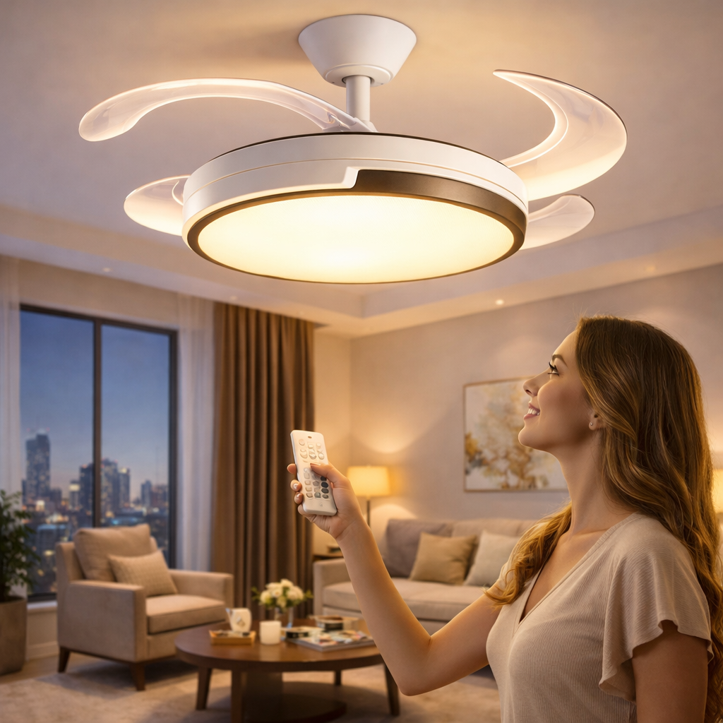 Ventilatore da Soffitto LED 120 cm con Telecomando – 6 Velocità Motore DC 72W, Pale Retrattili, Funzione Estate/Inverno, Silenzioso