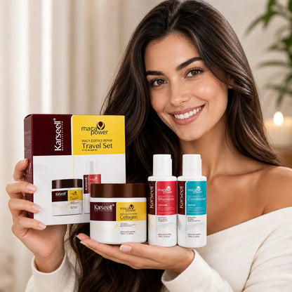 Karseell Maca Essence Repair Travel Set – Kit Capelli da Viaggio con Shampoo, Balsamo e Maschera al Collagene – Trattamento Nutriente per Capelli Secchi e Danneggiati