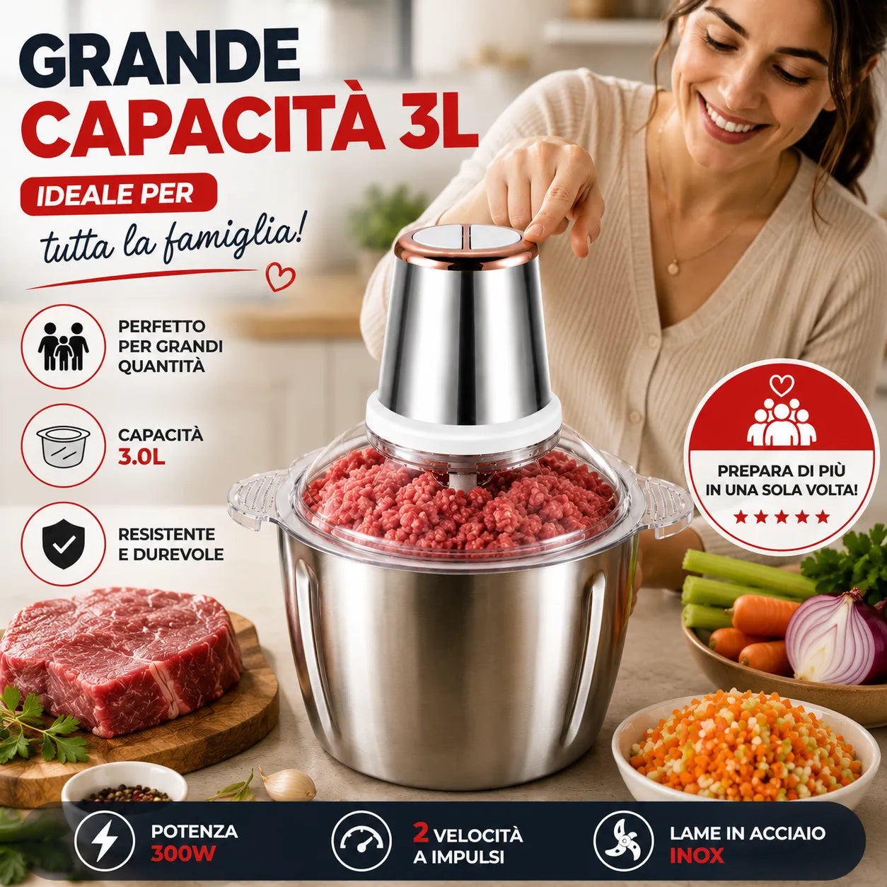 Tritatutto Elettrico Multifunzione 300W 3L in Acciaio Inox – 4 Lame – 2 Velocità – Mixer da Cucina per Carne, Verdure, Frutta Secca e Pesto