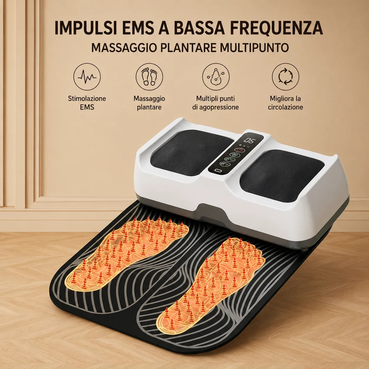 Massaggiatore Plantare EMS Riscaldante 42°C – Stimolazione Muscolare e Relax per Piedi e Gambe