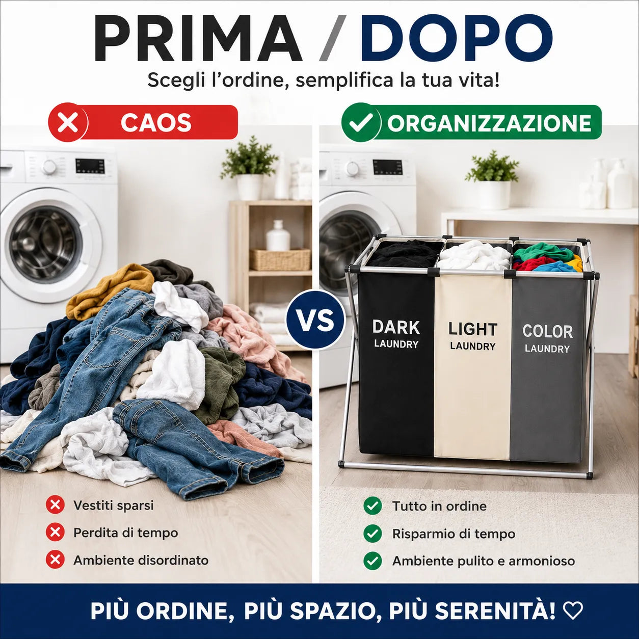 Cesto Portabiancheria 3 Scomparti Pieghevole con Telaio in Metallo – Porta Biancheria Salvaspazio per Bucato Scuri, Chiari e Colorati