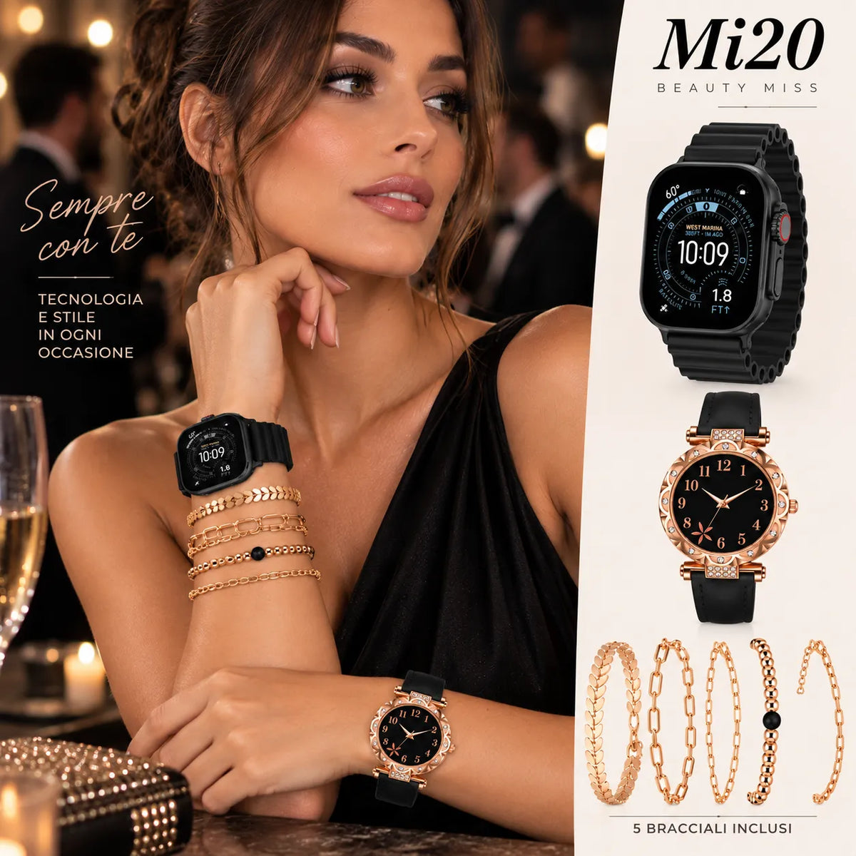 Mi20 Beauty Miss Smartwatch Donna con Chiamate Bluetooth + Orologio Analogico e Set 5 Bracciali – Kit Regalo Elegante