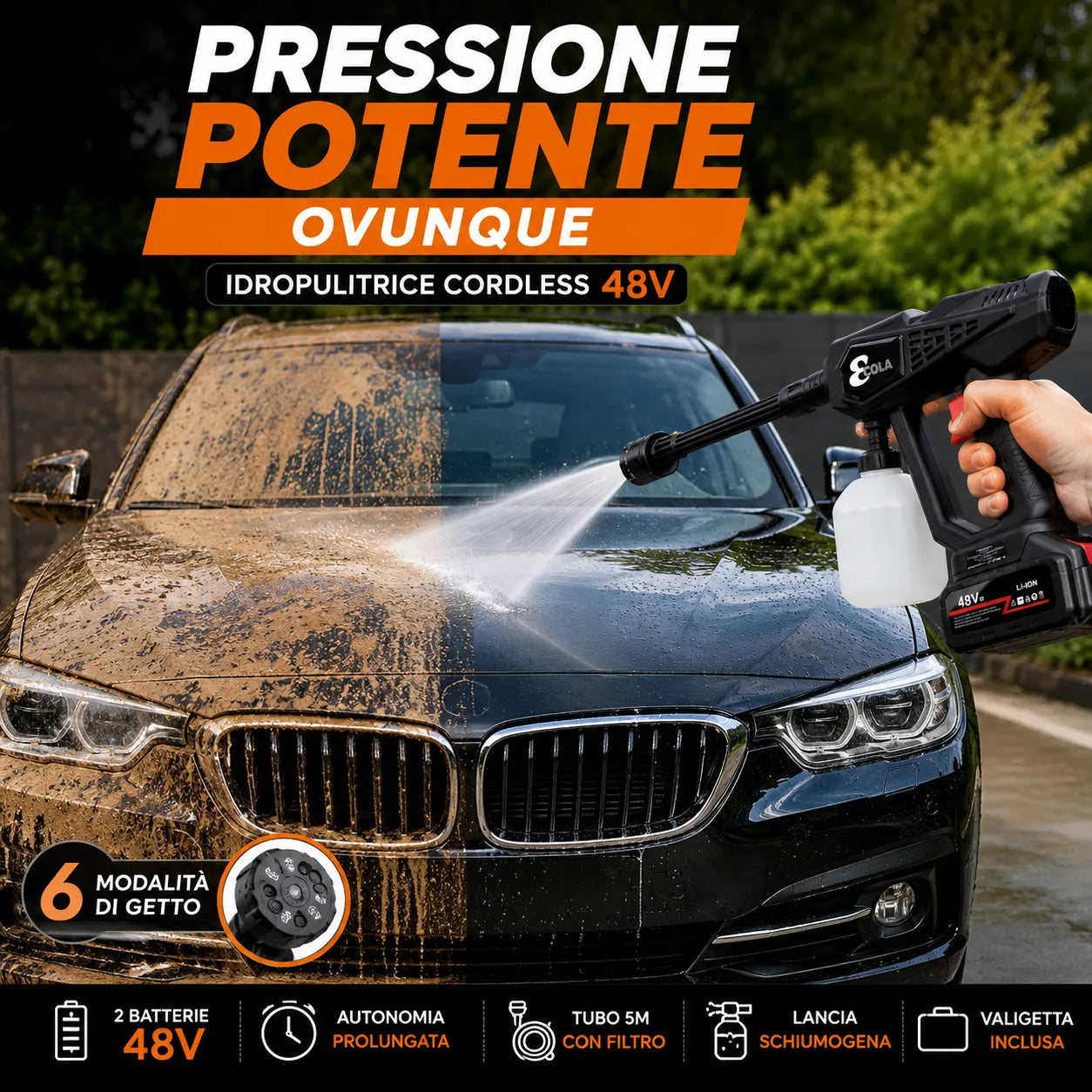 Idropulitrice Cordless 48V con 2 Batterie, Ugello 6 in 1 e Schiumogeno – Pistola ad Alta Pressione Portatile per Auto, Moto, Giardino, Tapparelle e Balconi