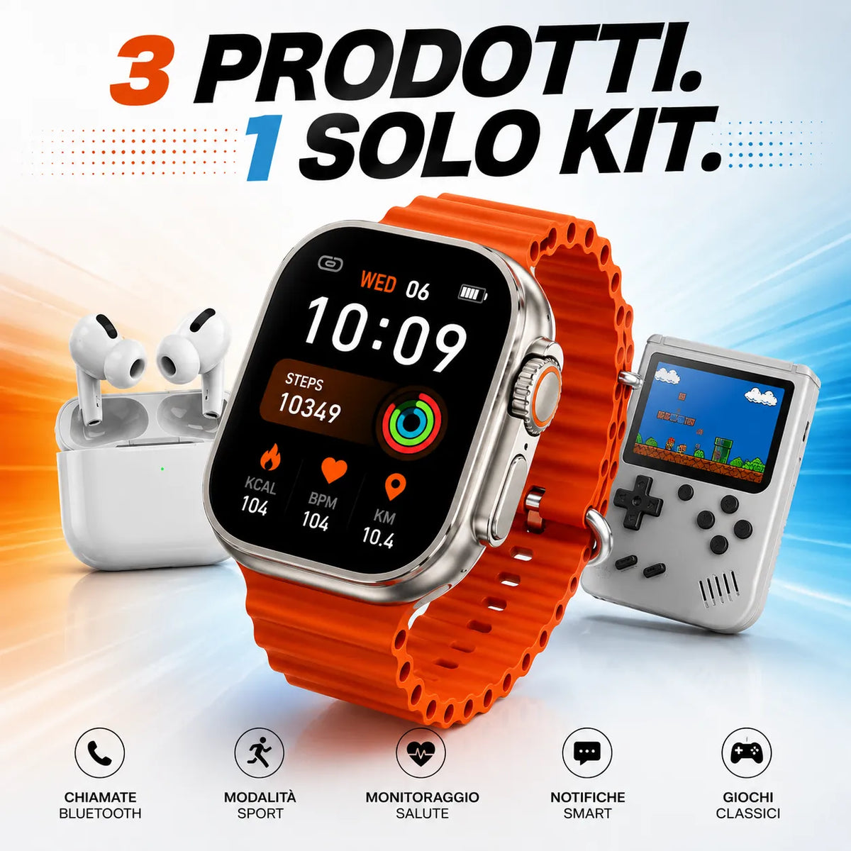 Kit 3 in 1 Smartwatch M5 Ultra + Auricolari Wireless TWS + Mini Console di Gioco Portatile