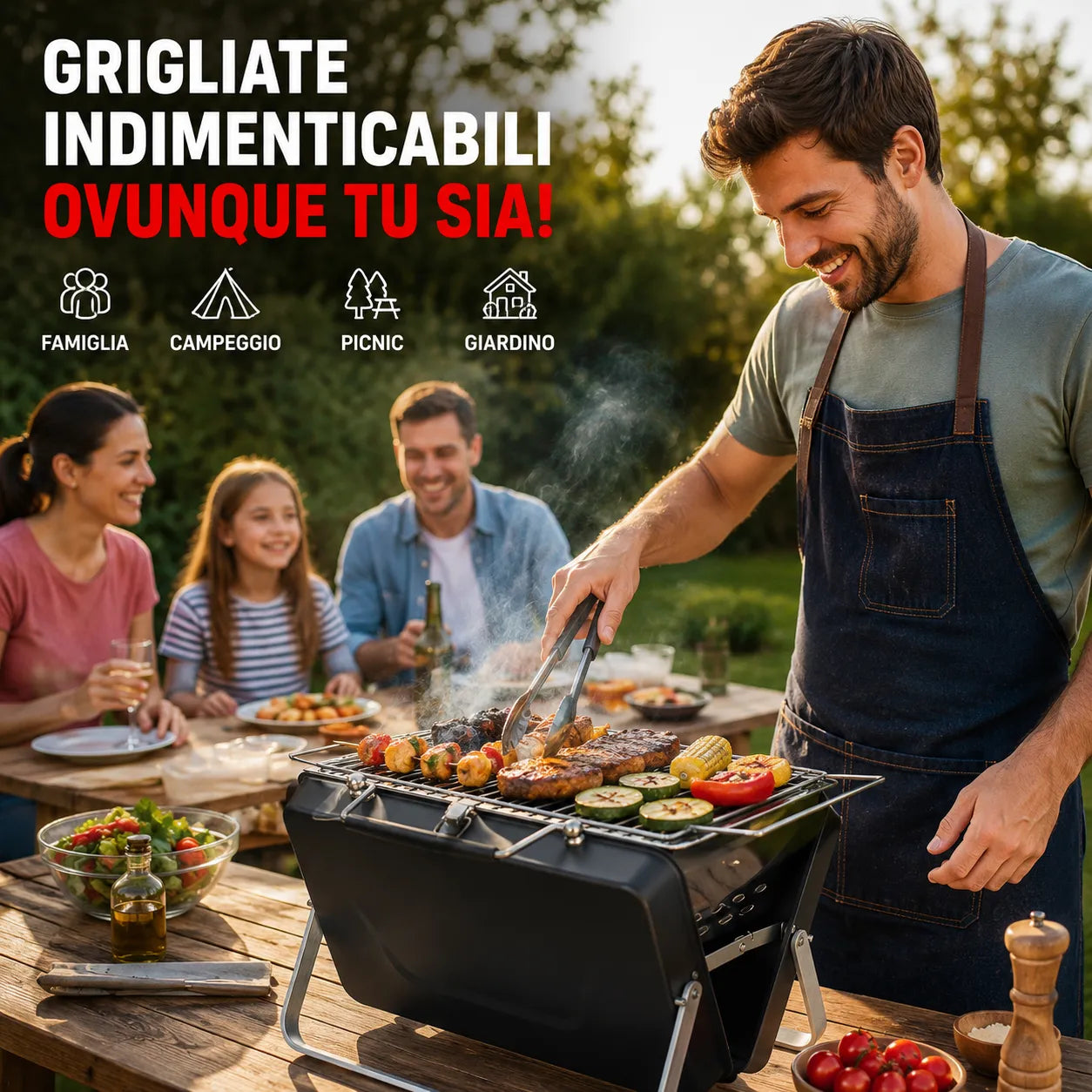 Barbecue Portatile Pieghevole a Valigetta in Acciaio Inox – Mini Griglia Compatta da Campeggio, Picnic, Giardino e Spiaggia con Griglia Ribaltabile e Scomparto Carbone Estensibile