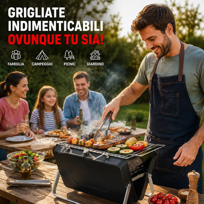 Barbecue Portatile Pieghevole a Valigetta in Acciaio Inox – Mini Griglia Compatta da Campeggio, Picnic, Giardino e Spiaggia con Griglia Ribaltabile e Scomparto Carbone Estensibile