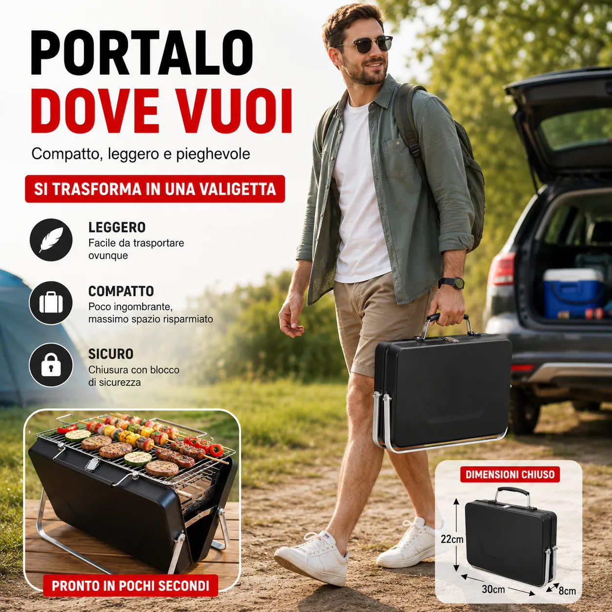 Barbecue Portatile Pieghevole a Valigetta in Acciaio Inox – Mini Griglia Compatta da Campeggio, Picnic, Giardino e Spiaggia con Griglia Ribaltabile e Scomparto Carbone Estensibile