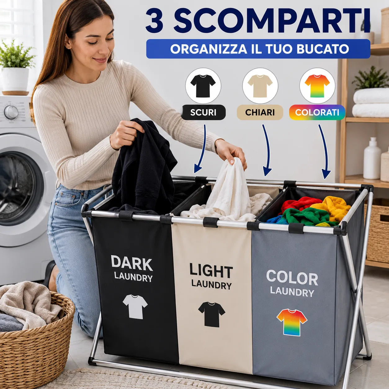 Cesto Portabiancheria 3 Scomparti Pieghevole con Telaio in Metallo – Porta Biancheria Salvaspazio per Bucato Scuri, Chiari e Colorati