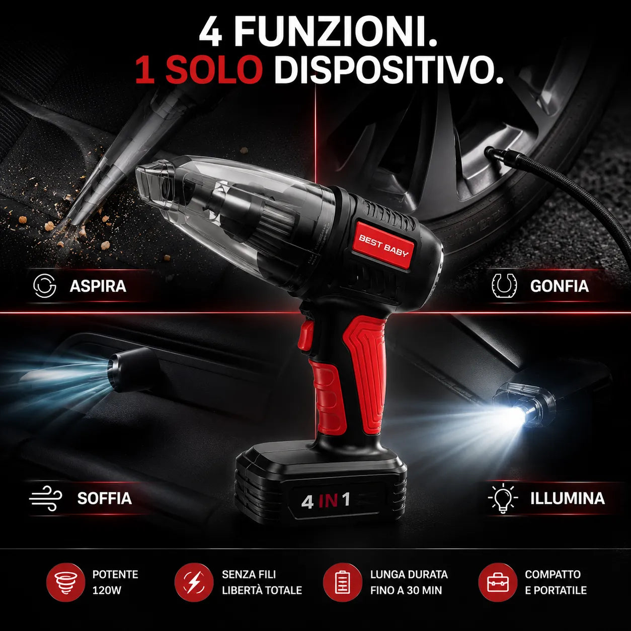 Aspirapolvere portatile auto 4 in 1 compressore gonfiatore soffiatore torcia LED wireless