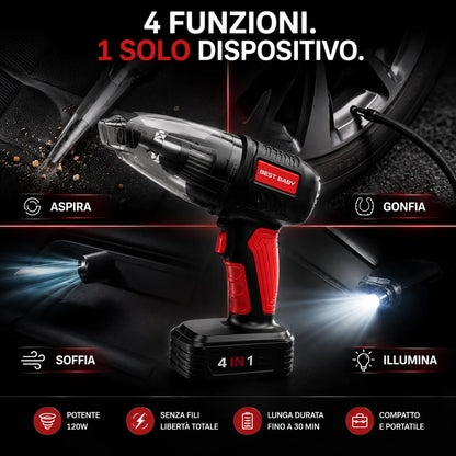 Aspirapolvere portatile auto 4 in 1 compressore gonfiatore soffiatore torcia LED wireless