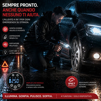 Aspirapolvere portatile auto 4 in 1 compressore gonfiatore soffiatore torcia LED wireless
