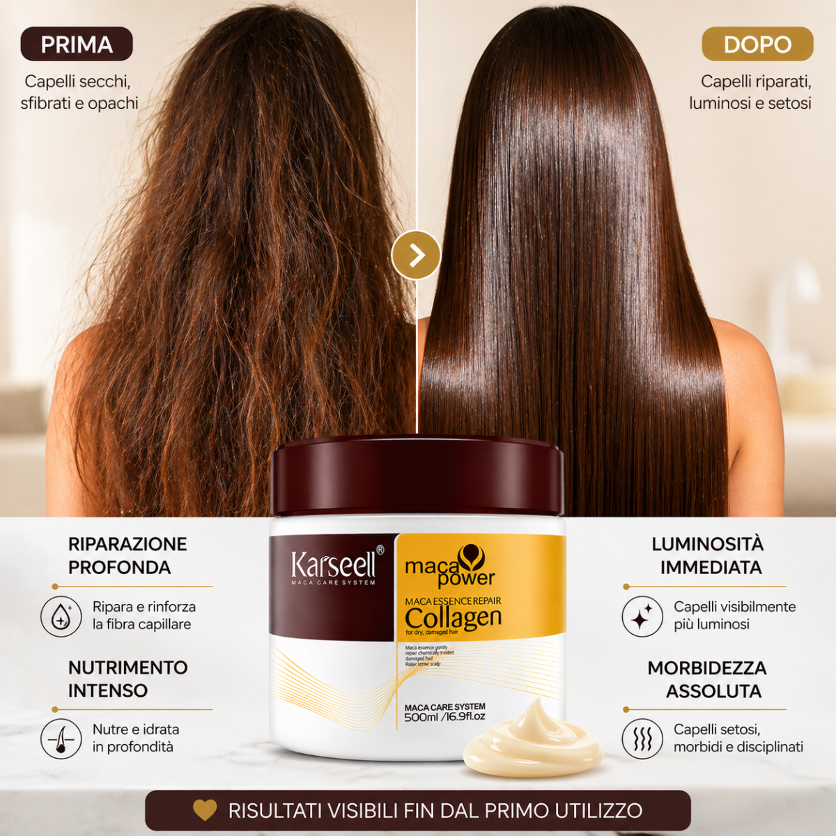 Karseell Maca Care System Maschera Capelli 500ml – Collagene, Olio di Argan, Cocco, Avocado e Cheratina – Trattamento Ristrutturante Idratante Anticrespo Professionale
