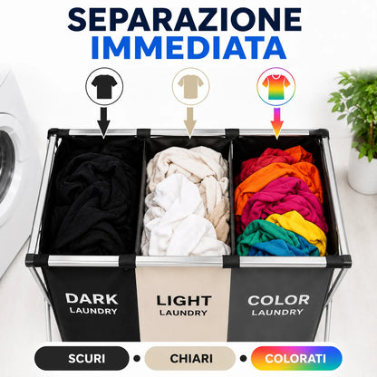 Cesto Portabiancheria 3 Scomparti Pieghevole con Telaio in Metallo – Porta Biancheria Salvaspazio per Bucato Scuri, Chiari e Colorati
