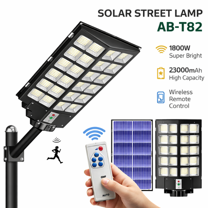 Lampione Solare LED 1800W con Telecomando – 23000mAh, Sensore Movimento, IP66 Impermeabile, Faro Stradale Esterno Alta Luminosità