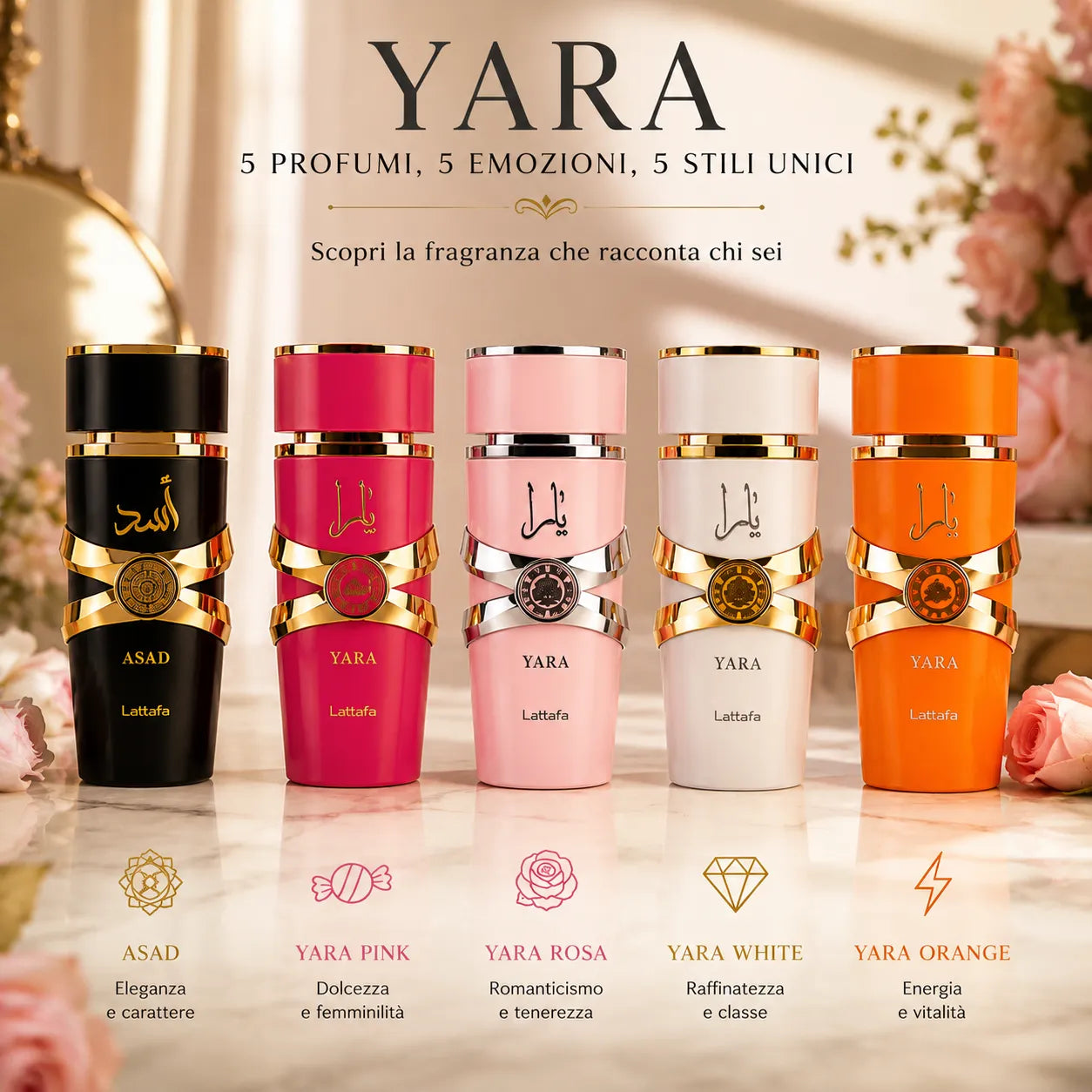 Set Profumi Lattafa Yara Collection 5 x 30 ml – Asad, Yara Pink, Yara Rosa, Yara White e Yara Orange – Eau de Parfum Unisex e Donna