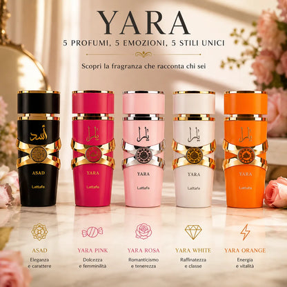 Set Profumi Lattafa Yara Collection 5 x 30 ml – Asad, Yara Pink, Yara Rosa, Yara White e Yara Orange – Eau de Parfum Unisex e Donna