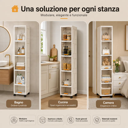 Mobile Salvaspazio Verticale con 5 Ripiani e Ruote – Armadio Slim Multiuso 20x30x138,5 cm – Organizer per Bagno, Cucina, Camera e Lavanderia – Apertura a Ribalta – Colore Bianco