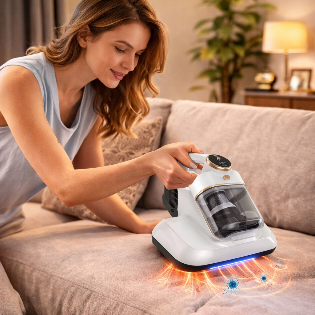 Aspirapolvere Portatile per Materassi 10kPa – Anti-Acaro, UV & Filtro HEPA, Rimozione Polvere Profonda per Letti, Divani e Tessuti – Cordless 1500mAh, 3 Livelli di Aspirazione